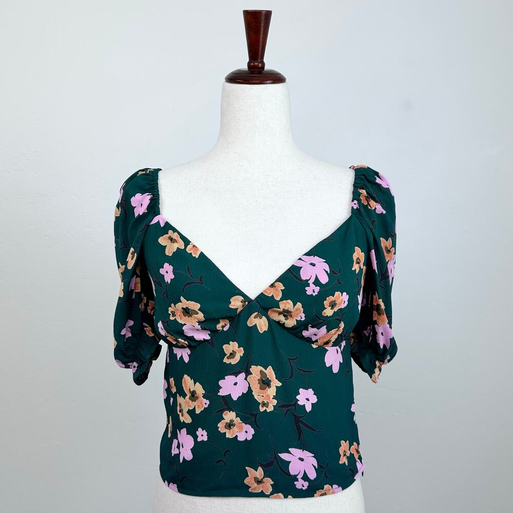 Flynn Skye Green Floral Sweetheart Rayon Short Puff Sleeve Crop Blouse MEDIUM
